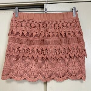 English Rose Lace Crochet Mini Skirt M Mauve Lined Elastic Waist